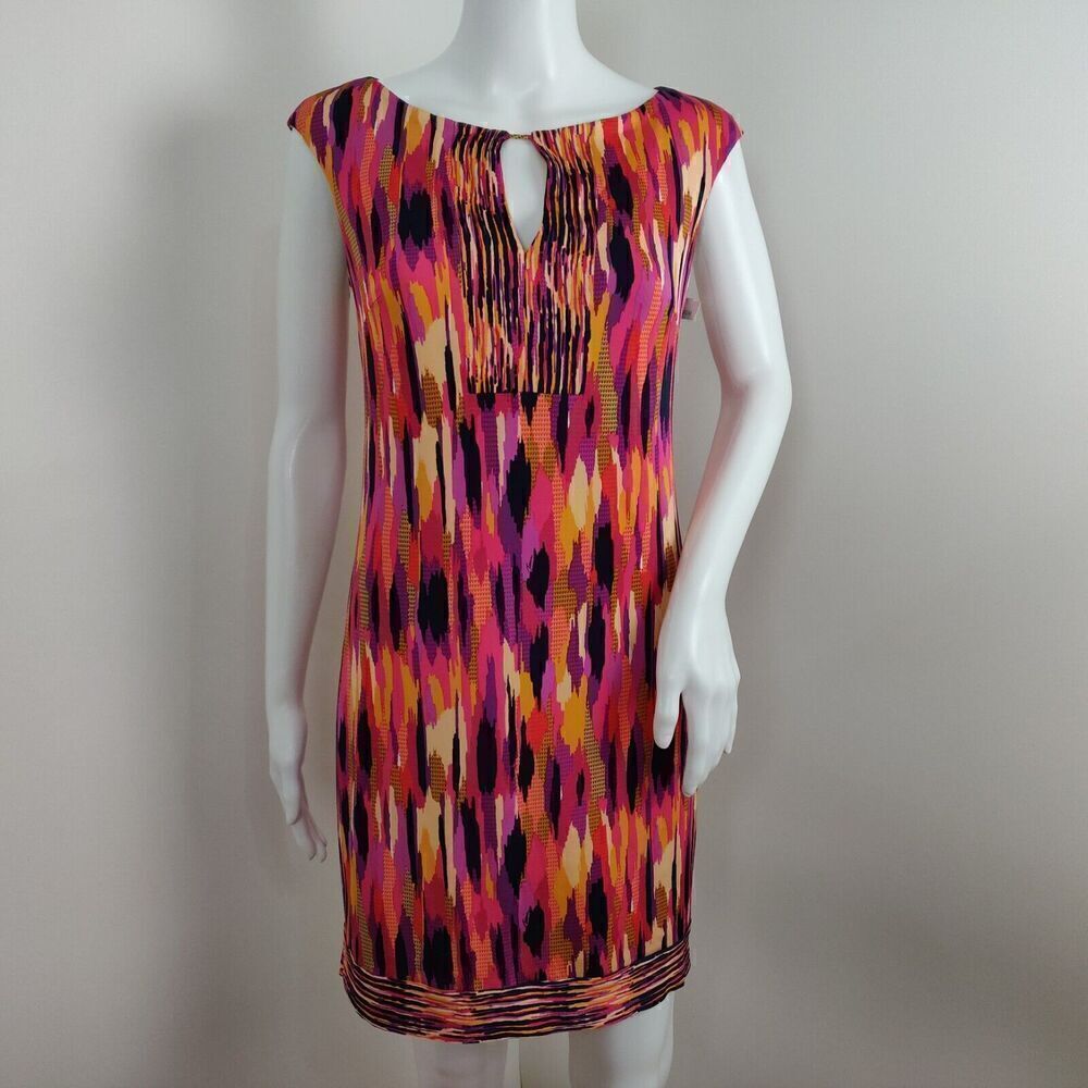 Trina Turk Ikat Shift Dress Size 2 Multicolor Sleeveless Stretch Keyhole USA NWT - Picture 2 of 12